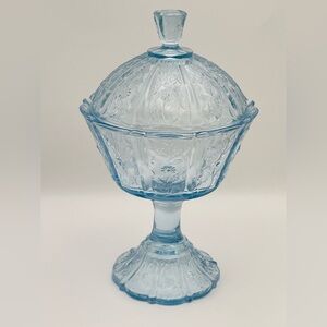 Fenton, “Forget Me Not” Blue, Glass, Daisy, Pedestal, Covered Candy Dish